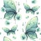 Delicate turquoise and blue butterflies with bubbles are airy, light, beautiful. Hand drawn watercolor illustration