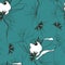 Delicate turquoise pattern with black contour flowers. Black and white flowers for fabric, paper and home textiles