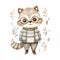 Delicate watercolor illustration of a scholarly raccoon wearing glasses and a striped jacket, surrounded by botanical
