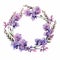 Delicate Watercolor Wreath Of Purple Flowers And Leaves