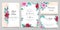 Delicate wedding invitation card template set with watercolor floral and glitter decoration. Roses and leaves botanic illustration