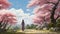 Delicately Rendered Landscape: Mary Walking In A Cherry Blossom Park