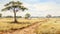 Delicately Rendered Watercolor Painting Of A Desert Path In Australian Landscape Style