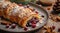 Delicious almond croissant with berries on a rustic table