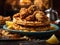 Delicious American chicken and waffles, golden-hued pieces of fried chicken