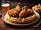 Delicious American chicken and waffles, golden-hued pieces of fried chicken