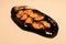 Delicious appetizer, Giant mussels with gourmet sauce. Selective focus