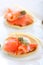 Delicious appetizer with salmon pancake