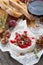 Delicious appetizers for wine - camembert, berry jam, toast