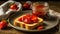Delicious appetizing bread traditional strawberry jam on the table vitamins kitchen