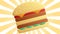 Delicious appetizing double hamburger on yellow abstract rays background. Video 4k, motion design