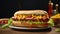 Delicious appetizing hot dog with ketchup, mustard, lettuce on the table