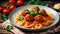 Delicious appetizing meatballs with spaghetti, tomato sauce in the organic traditional