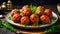 Delicious appetizing meatballs in tomato sauce on the table organic