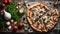 Delicious appetizing pizza with champignons on the table dinner lunch gourmet