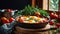 Delicious appetizing shakshuka dish the table breakfast lunch fried cuisine rustic delicious