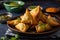 delicious and aromatic samosa stuffed with chicken and spices, served with mint chutney on a colorful plate