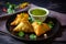 delicious and aromatic samosa stuffed with chicken and spices, served with mint chutney on a colorful plate