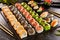 Delicious asian food, roll, sushi and gunkan set