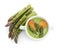 Delicious asparagus soup with rusks isolated, top view