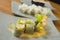 Delicious assorted Japanese sushi rolls on beautiful set up on table in traditional healthy Asian food and creative oriental