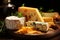 Delicious assortment of diverse cheese types displayed artfully on a charming rustic wooden table