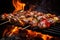 A delicious assortment of food skewered and cooking on a grill with charred marks., mixed grill meat on bbq skewers with the