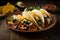 A delicious assortment of tacos brimming with savory meat, fresh vegetables, and melted cheese on top. AI