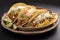 A delicious assortment of tacos brimming with savory meat, fresh vegetables, and melted cheese on top. AI