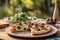 Delicious authentic stone baked mushroom pizza with basil on wood board. Outdoors in summer nature. Italian cuisine