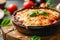 Delicious Baked Lasagna in a Black Ceramic Dish Garnished with Fresh Basil on Wooden Table with Ingredients