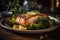 Delicious baked salmon with roasted broccoli and cauliflower on a vintage floral plate, food photography, food art, generative AI