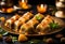 Delicious baklava dessert in oriental setting on black background