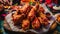 Delicious Barbecue Sauce Coated Fried Chicken Wings. Fast Food Menu Presentation.