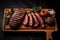 A delicious BBQ-grilled top sirloin beef steak, served on a wooden plate and cooked to a medium-rare perfection