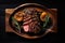 A delicious BBQ-grilled top sirloin beef steak, served on a wooden plate and cooked to a medium-rare perfection