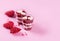 Delicious and beautiful dessert, red velvet in cups. Hearts of white chocolate. Valentine`s Day