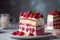 Delicious and beautiful raspberry cake with cream on a light background. Generative AI