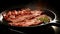 Delicious beef bacon sizzles on a skillet, tempting with its savory aroma and mouthwatering display