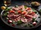 Delicious beef carpaccio, elegant dish, perfect for a special occasion or light meal. Cinematic ads