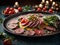 Delicious beef carpaccio, elegant dish, perfect for a special occasion or light meal. Cinematic ads