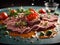 Delicious beef carpaccio, elegant dish, perfect for a special occasion or light meal. Cinematic ads