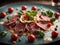 Delicious beef carpaccio, elegant dish, perfect for a special occasion or light meal. Cinematic ads