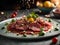 Delicious beef carpaccio, elegant dish, perfect for a special occasion or light meal. Cinematic ads