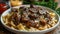 Delicious beef stroganoff with mushrooms on plate