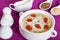 Delicious Beer and cream spicy Soup with Kielbasa Sausage sprinkled with cumin in white soup cup