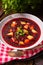 A Delicious beetroot borscht with egg