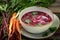 Delicious beetroot soup made of fresh beetroots