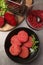 Delicious beetroot vegan cutlets and ingredients on light gray table, flat lay