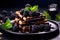 Delicious Belgian chocolate waffles with fresh blackberries on a dark background - breakfast